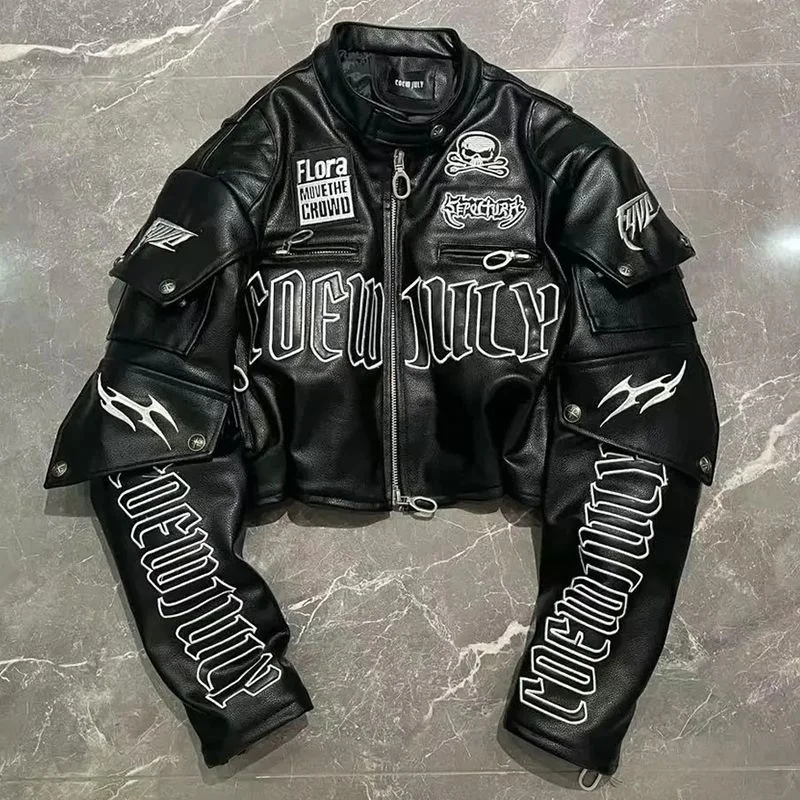 

American Cool Trendy Letter Embroidered Pu Leather Jacket For Women 2025 New Skull Design Short Motorcycle Suit