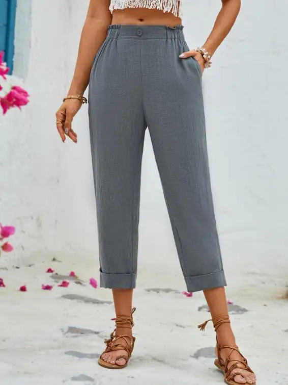 

Summer Women's Pants Elegant Holiday Style Elastic Waist Pocket Loose High Waisted Women's Seven Inch Wide Leg Pants