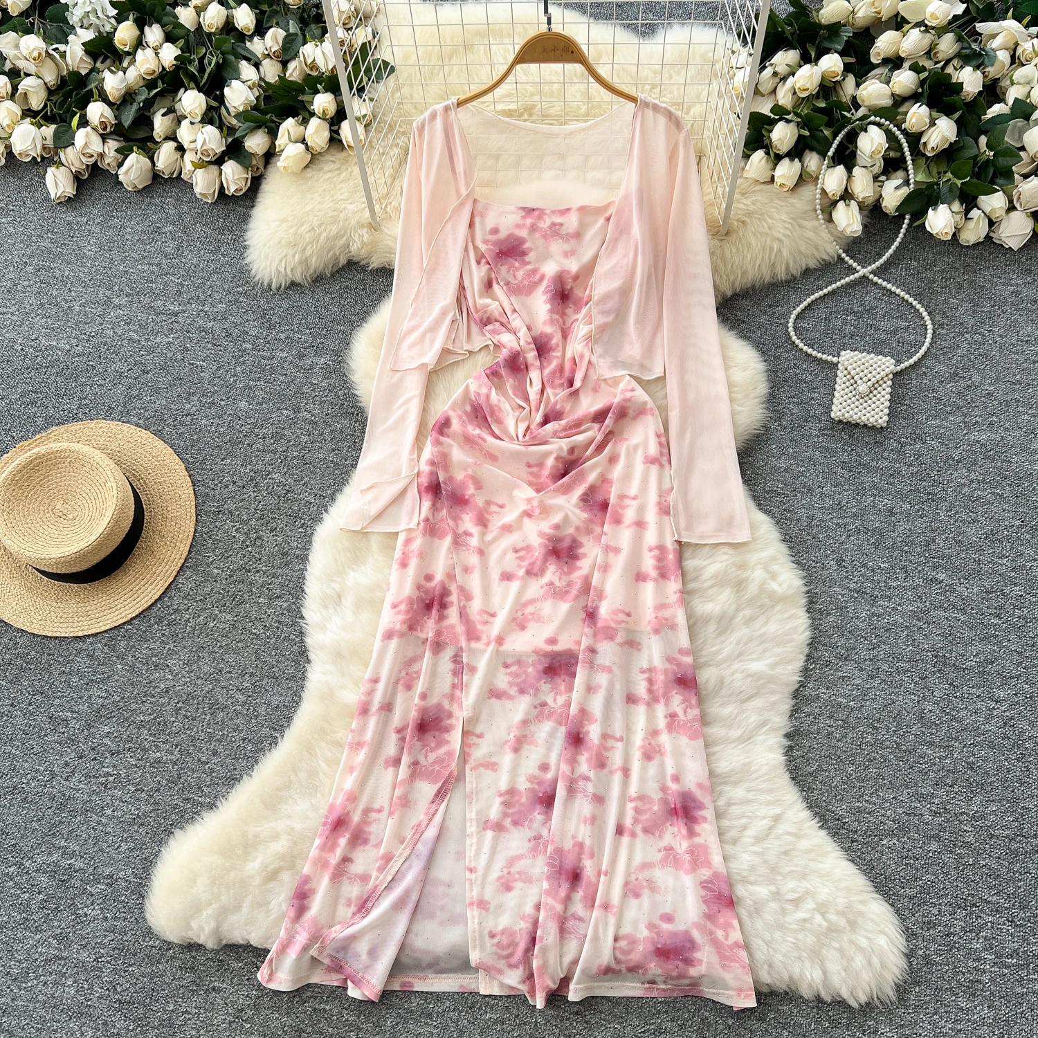 

Retro hotsweet print slim square neck sweet Elegant Beach Vacation Dress Women Korean Fashion Summer Vestidos