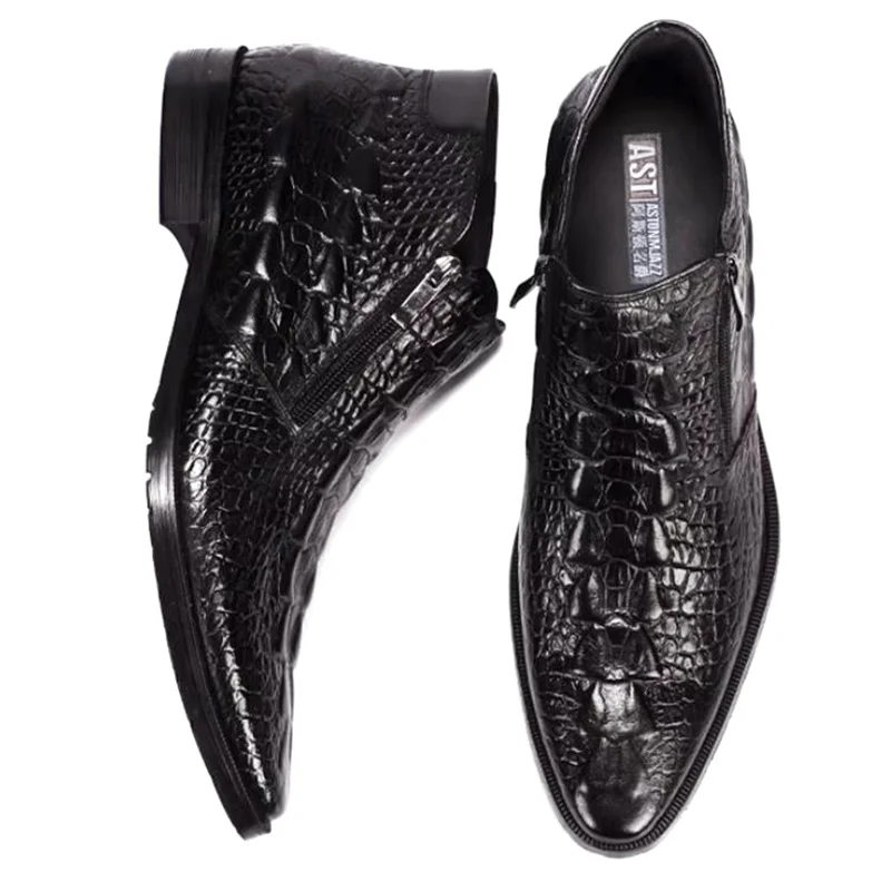 

Мужские ботинки челси с острым носком на весну и осень, кожаные ботинки с крокодиловым узором, на молнии, теплые, высокие, классические мужские туфли