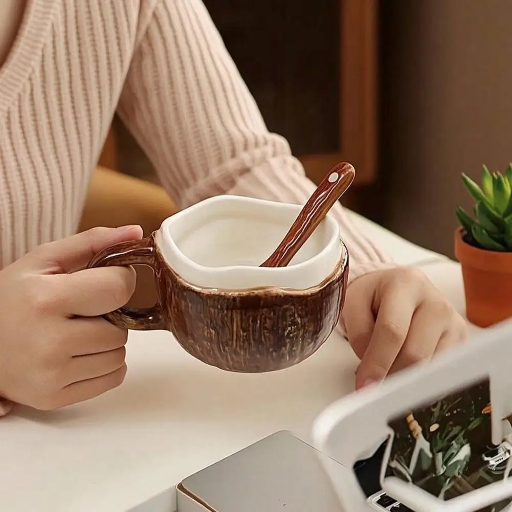 Coconut Shaped Ceramic Mug Retro Brown Coffee Cup Handmade Vintage Coconut Ceramic Mug with Spoon Rustic Irregular for Home