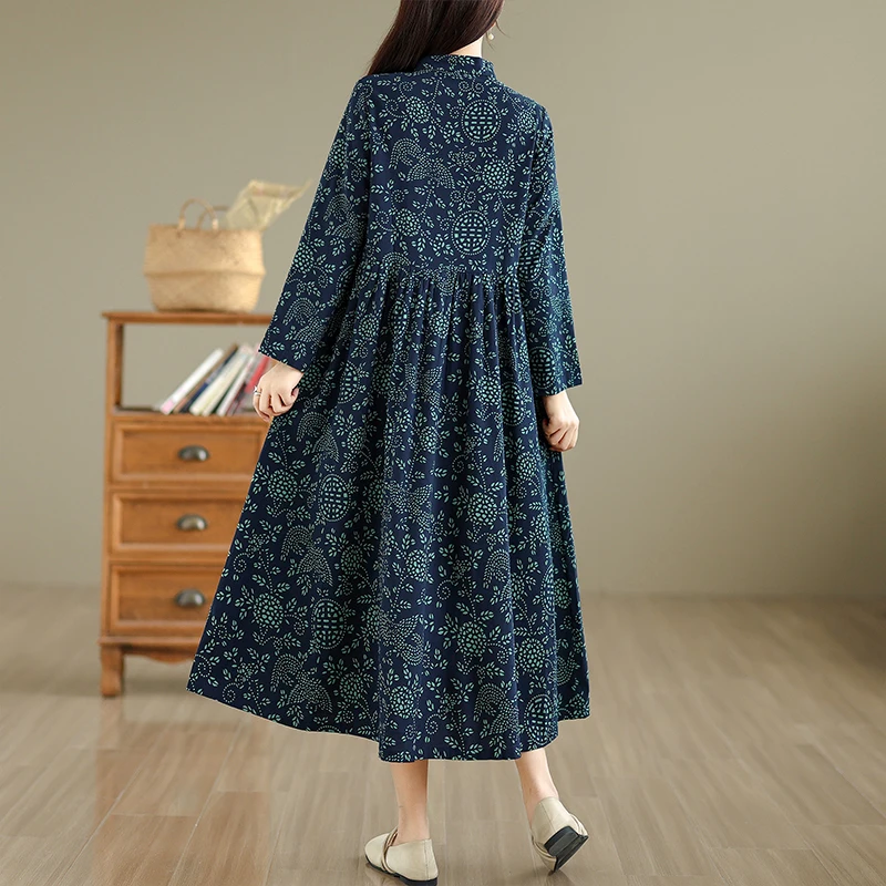 NYFS 2025 المرأة فستان بكم طويل فضفاض القطن الكتان الخريف نمط جديد الأزهار موضة رداء Ete فام Elbise #3