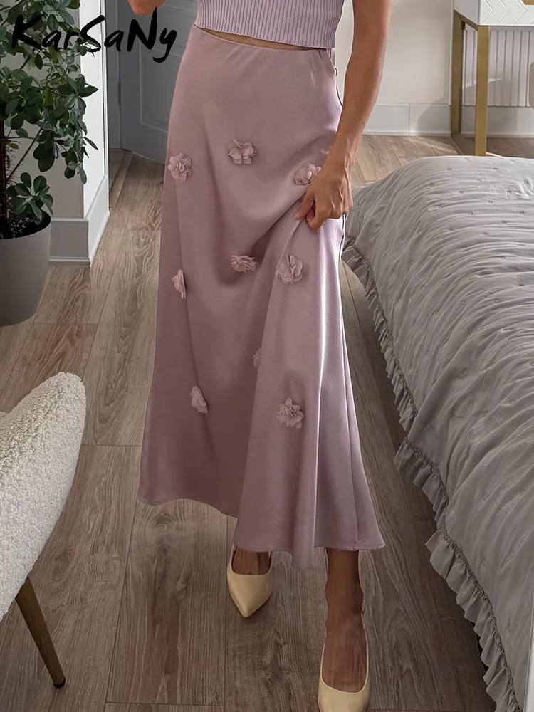 Elegant Summer Satin Midi Skirt with Floral Design for Women