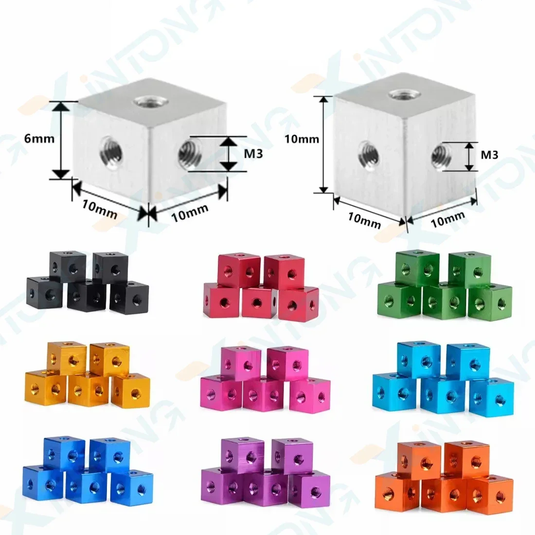 10Pcs M3 Cube Connector Aluminium Alloy Anodized Fixing Bracket 10mm Square Spacer Standoff Tee 6 way M3 x 10 x 10 x 6mm/10mm