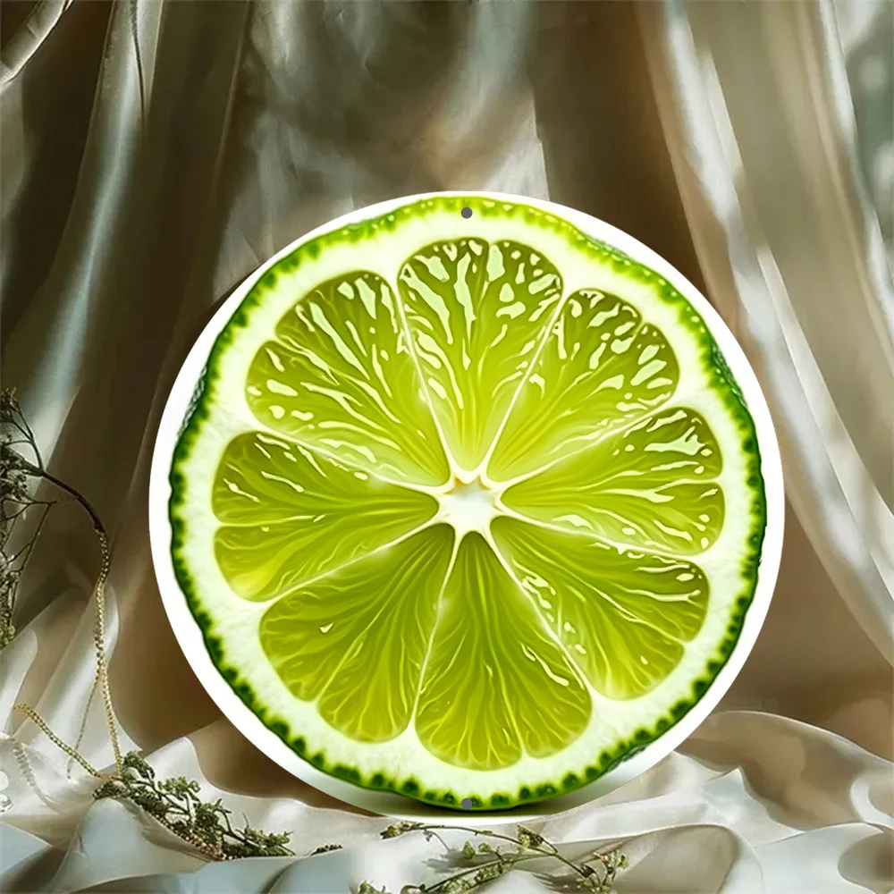 2D Flat - A Single Piece of 2D Flat Metal Sign Featuring a Slice of Lime Against a White Backdrop. This 8-Inch Round Wreath Sign