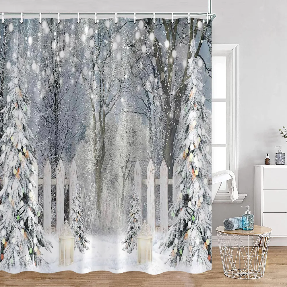 

Winter Forest Scenery Shower Curtain Snowy Landscape Woodland Pine Tree Nature Scenic Bathroom Decor Polyester Bathtub Curtain