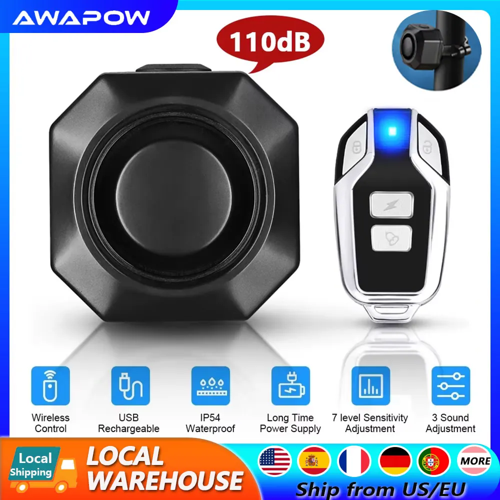

Awapow Wireless Bicycle Alarm USB Charging Motorcycle Bike Alarm Remote Control Anti-theft Bike Vibration Detector Alarm System