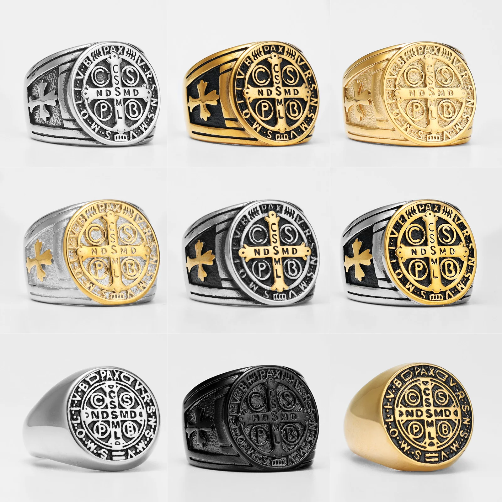 Saint Benedict Cspb Erscheint Gold Schwarz Kreuz Männer Ringe Punk Hip Hop für Freund Männlichen Edelstahl Schmuck Kreativität Geschenk Großhandel