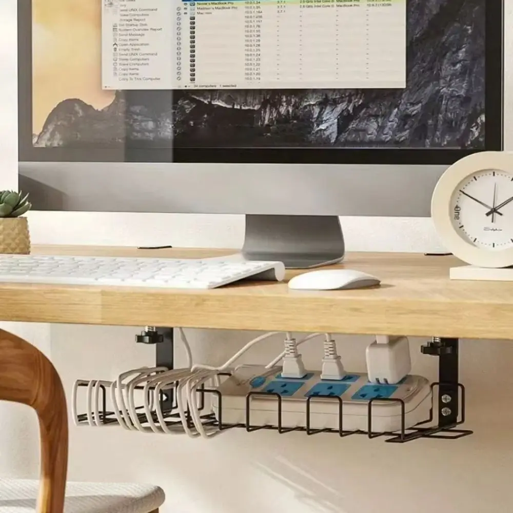 No Punching Under Table Storage Rack Space Saving Sturdy Metal Cable Management Tray Hanging Shelf Adjustable Clamps