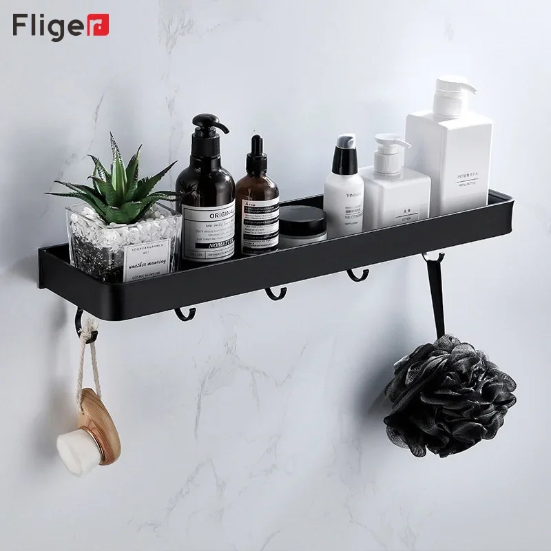 Fliger Black Bathroom Shelf Organizer 30/40/50cm Shampoo Holder Bathroom Hardware Space Aluminum Kitchen Storage Rack