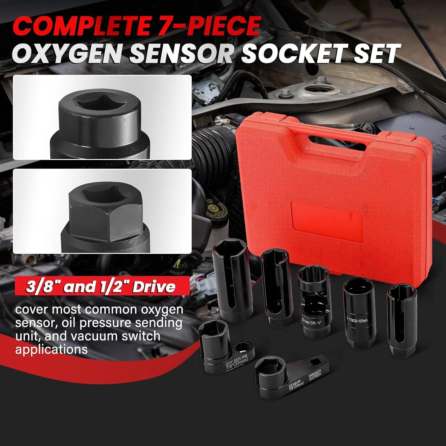 7-Piece Oxygen Sensor Socket Set, 3/8" & 1/2" Drive CR-V Steel O2 Sensor Wrench Kit for Automotive Repair
