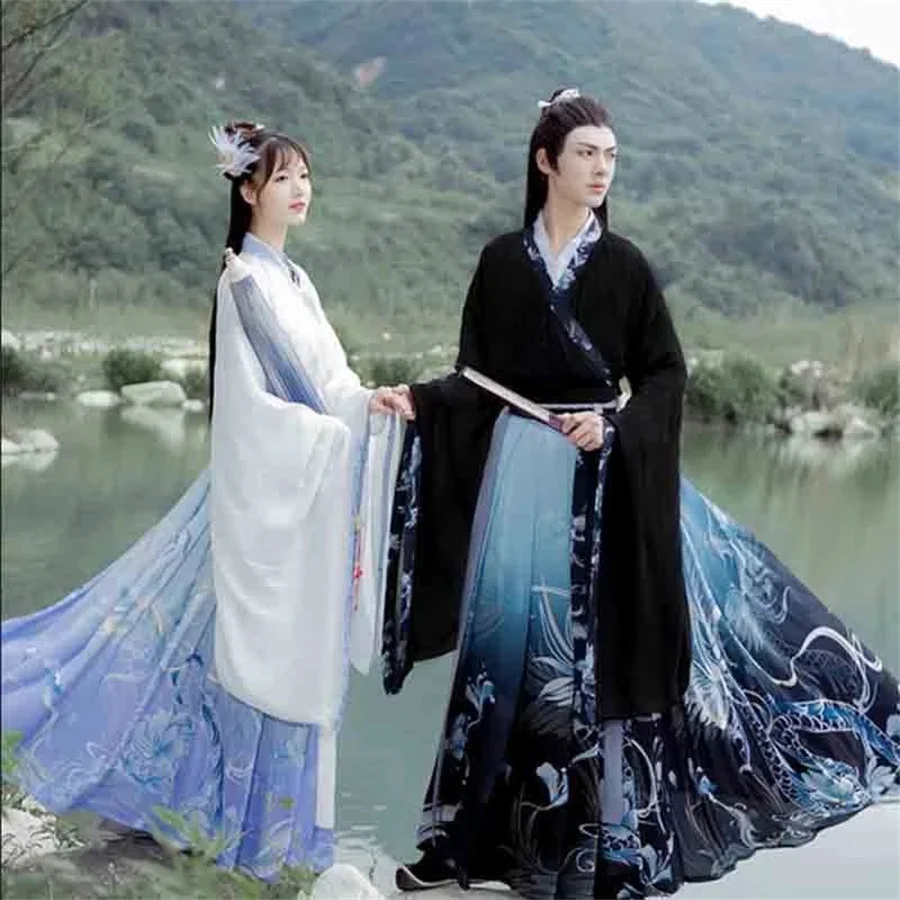 Plus Size 2XL Hanfu Couples Chinese Traditional Embroidery Clothes Adult Halloween Cos Costume Black Blue Hanfu for Men/Women