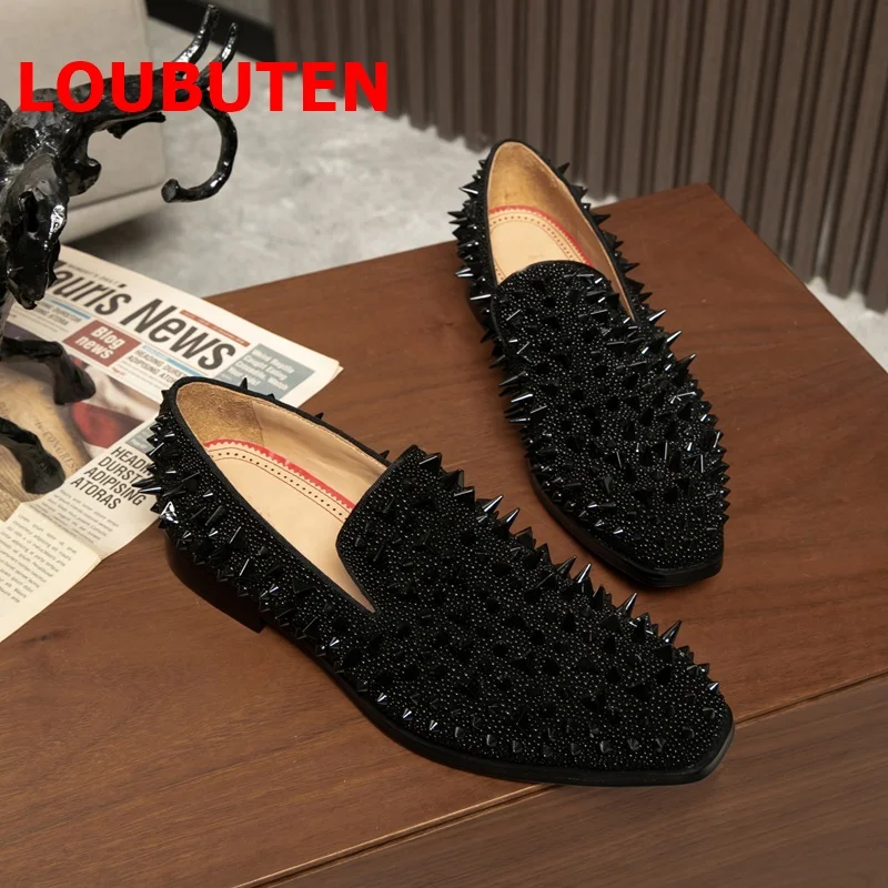 LOUBUTEN Stylish Black Rivets Shoes For Men Rhinestone Loafers Fashion Party And Wedding Men\'s Casual Shoes Plus Size Flats