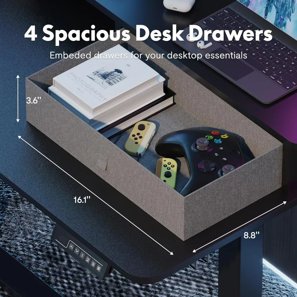 4 Storage Drawers, Adjustable Computer Workstation for Home, Office, Game, Studio, USB Charger, Computer Desks