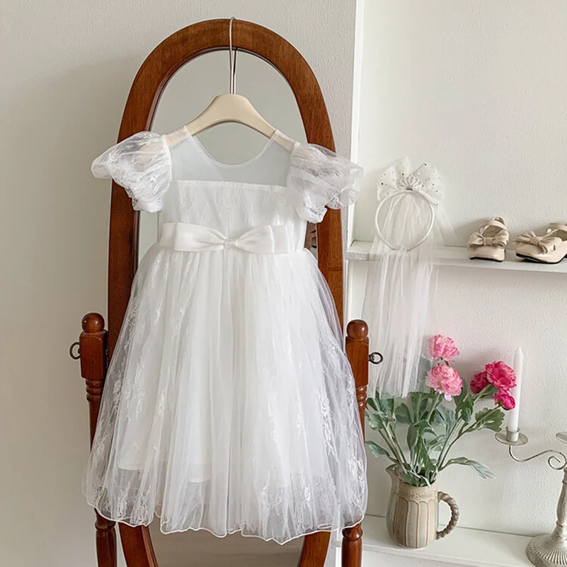 2024 Summer Girls\' Casual Fashion White Lace Bow Dress/Princess Dress/Bow Headwear 1-7 Years Old