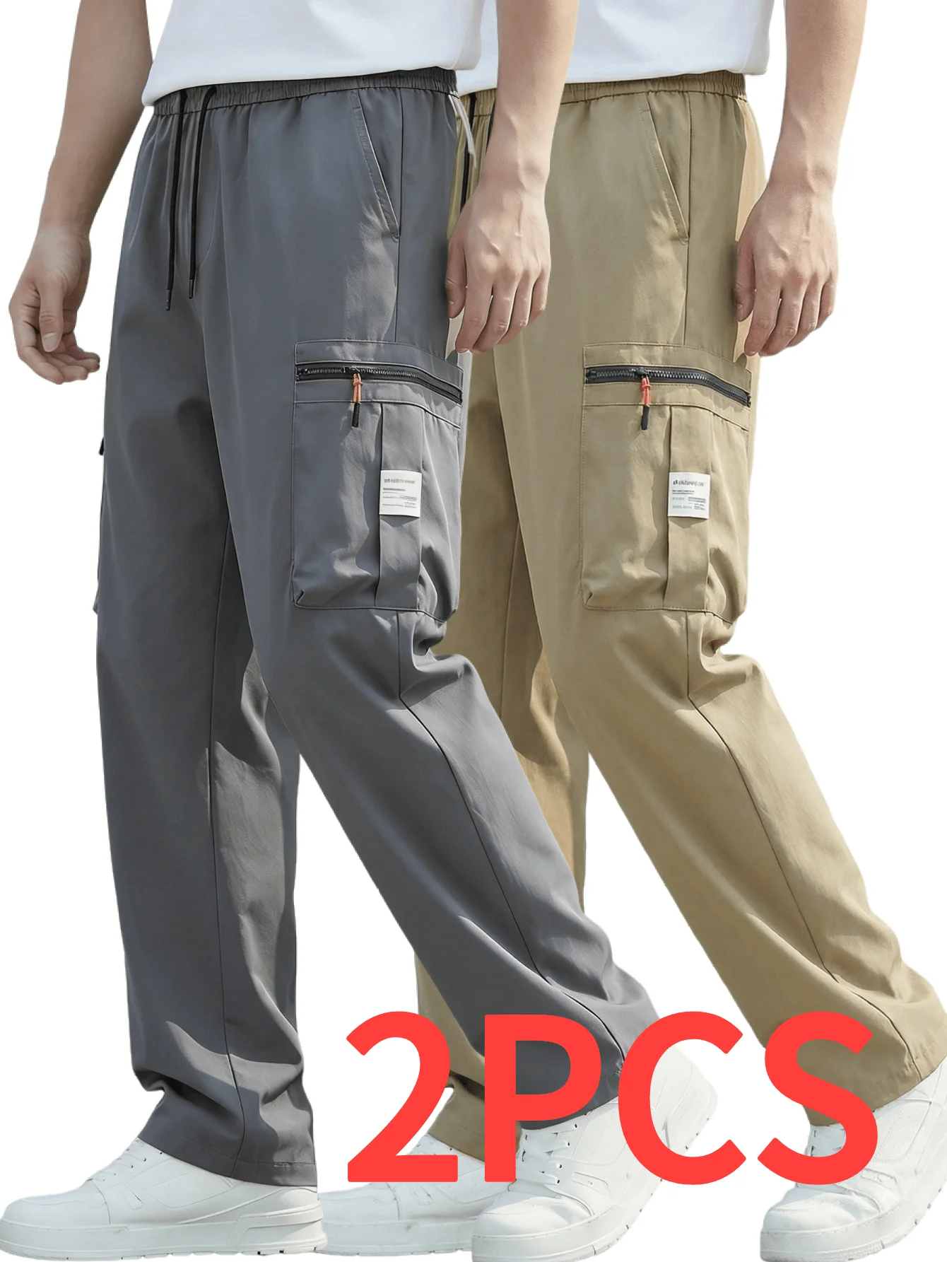 2PCS Men'S Relaxed Fit Work Trousers, Casual Cargo Style, Airy And Comfortable Loose Straight Leg Pants Featuring Various