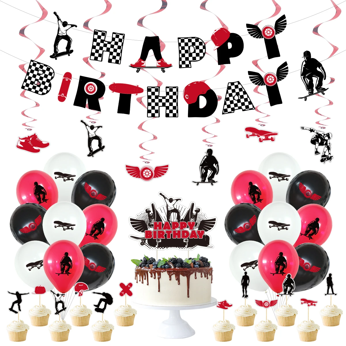 

Cheereveal Skateboard Themed Party Decorations Black Red Latex Balloons Set Letters Banner Cake Topper Birthday Party Supplies