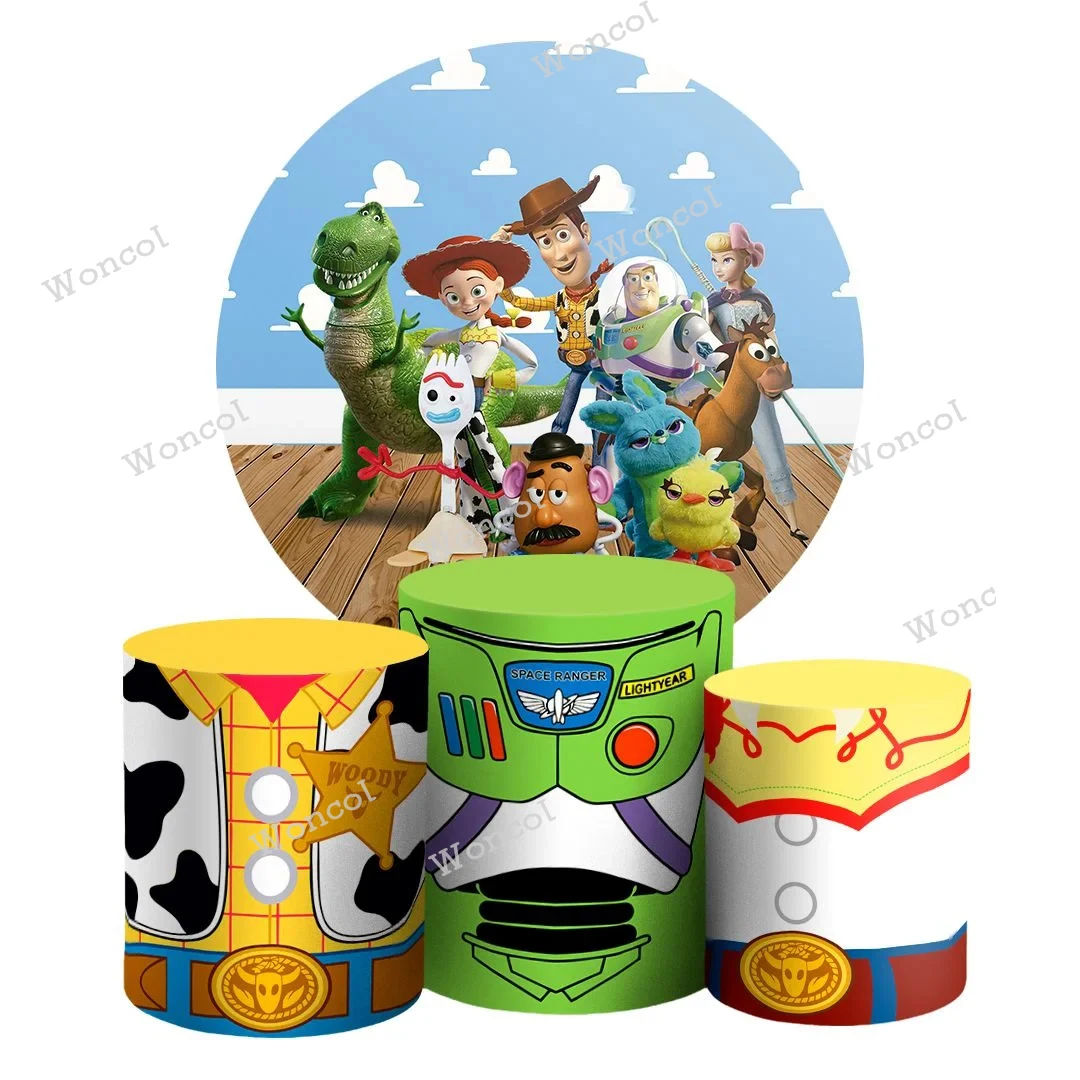 Pano de fundo redondo Toy Story Mr. Cabeça de batata Jessie Bullseye Pano de fundo Woody Buzz Lightyear Tampa do cilindro Decoração de aniversário infantil