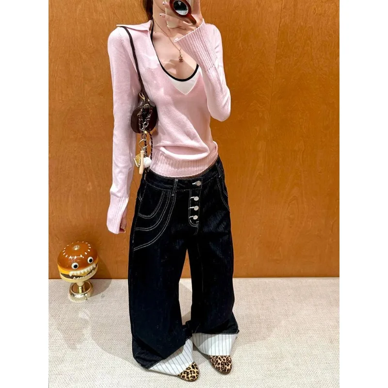 Large-size Bright-line Contrasting Flanged Pants, Jeans, Children's Spice Girl Design Sense, Loose Straight Mopping Trousers