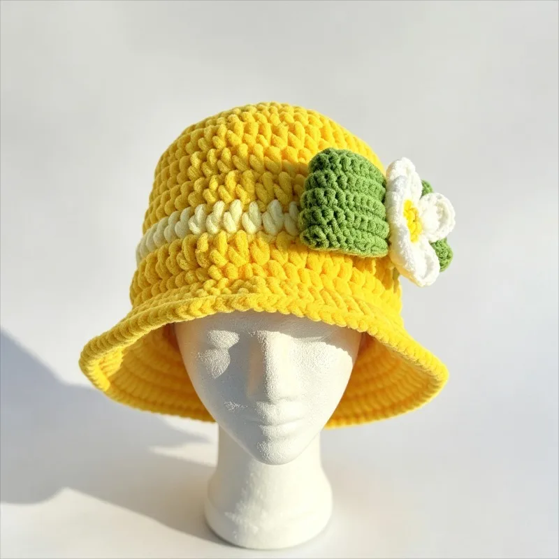 Handmade Yellow Bucket Hat Winter Women Custom Crochet Flower Charm Knit Beanie Girls Sweet Kawaii Fairycore Casual Warm Caps