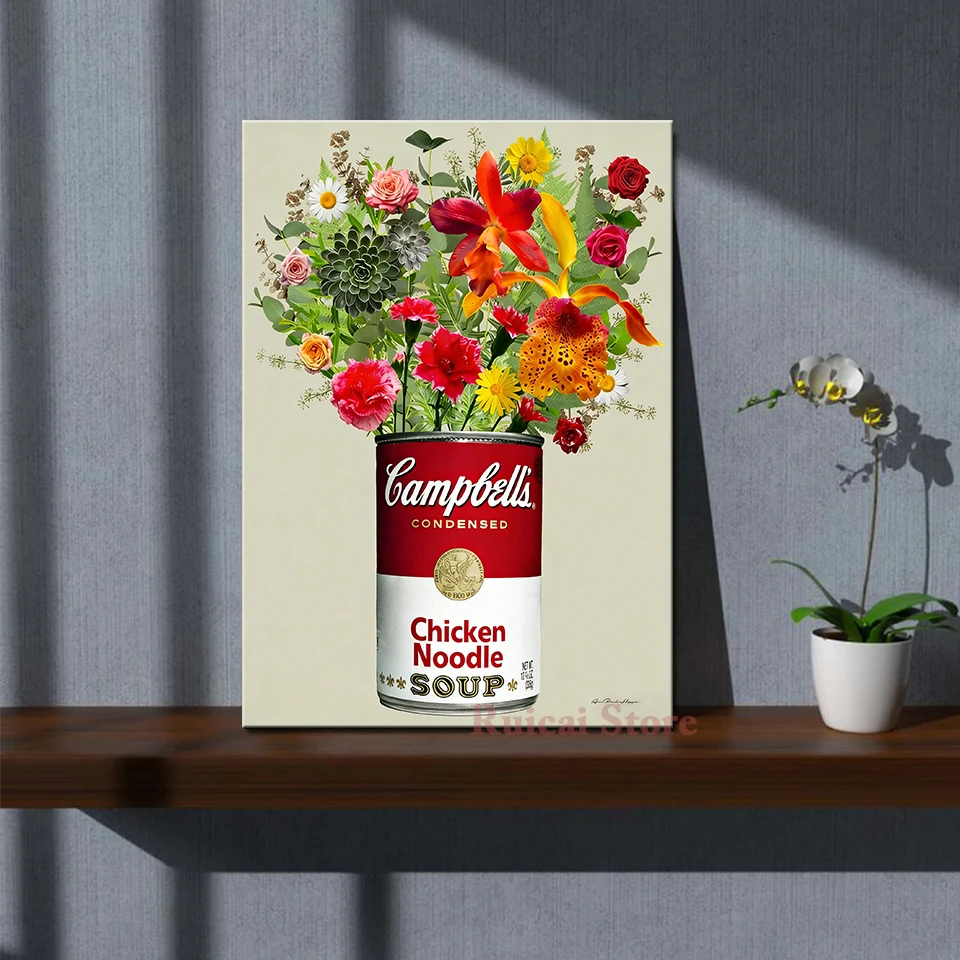 Andy Warhol-Stil Campbell's Soup Dosen-Blumen Leinwand-Wandkunst-Poster, Pop-Art Blumendruck, Moderne Ästhetische Malerei Raumdekoration