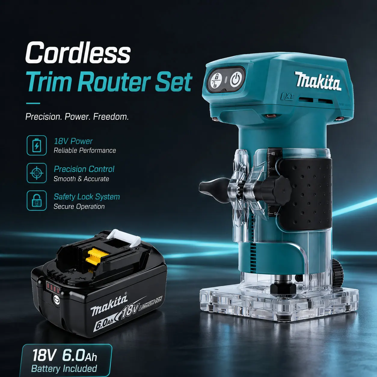 Multifunktionaler Akku-Kompaktfräser Makita DRT52 18V LXT, ideal für präzise Multitasking-Arbeiten, Kantenschneiden und verschiedene Holzschlitzarbeiten