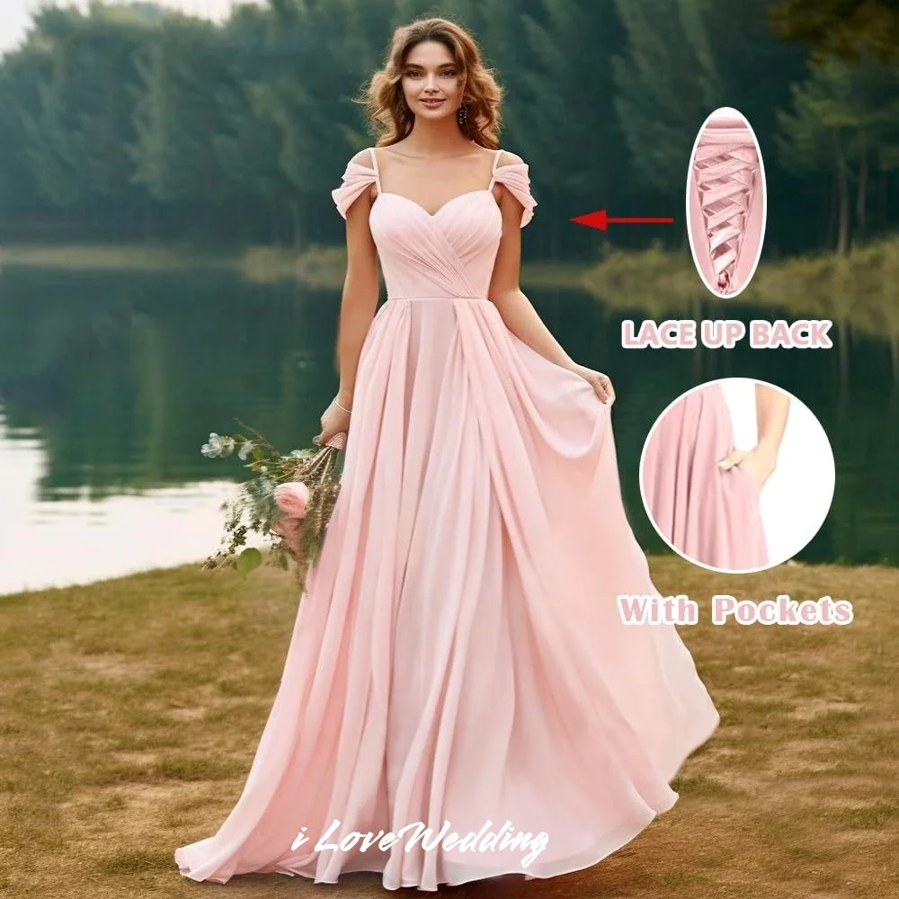 Pink Sweetheart Bridesmaid Dresses Chiffon Spaghetti-strap Wedding Guest Dress A-Line Floor Length Ruched Dress Slim Customized