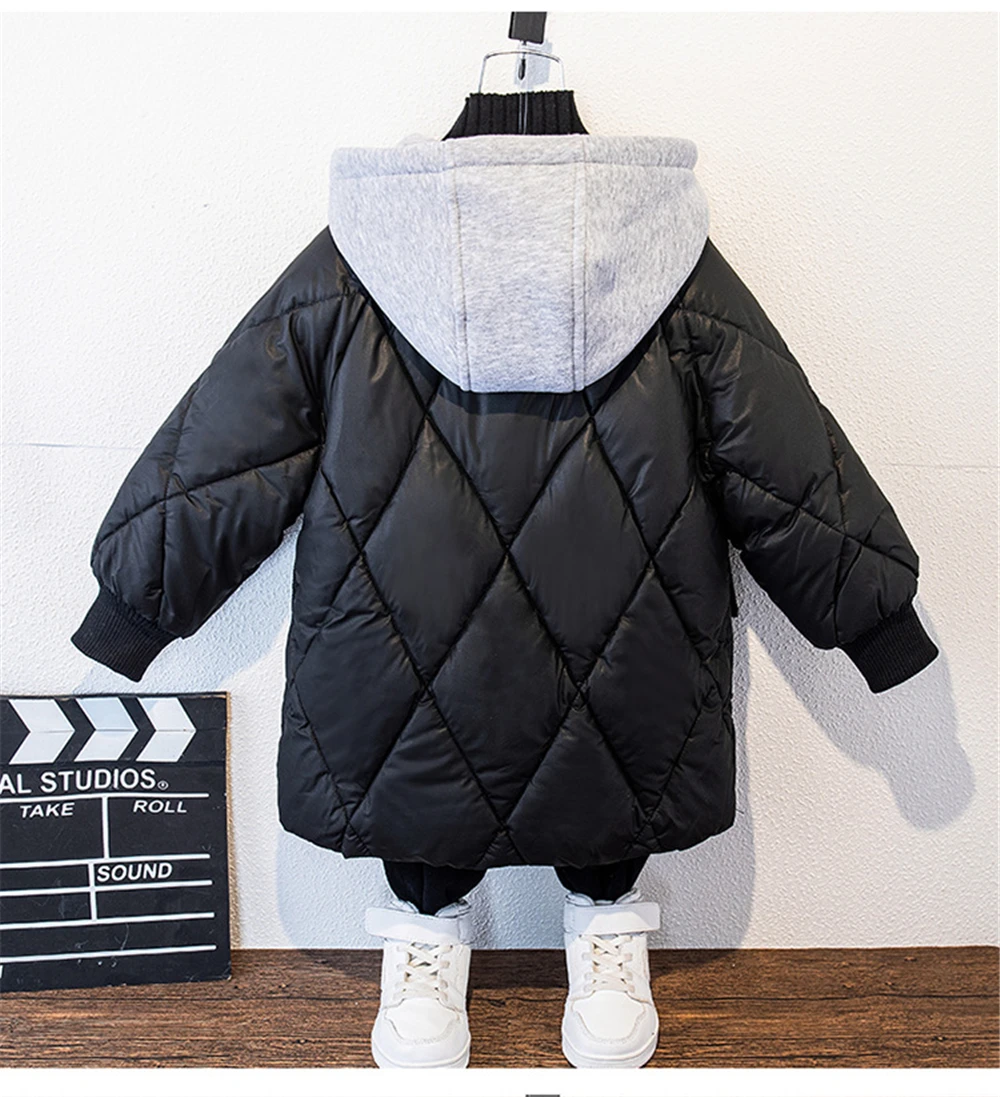 Abrigo de moda coreana para niños, chaqueta gruesa con capucha y cremallera, color caqui y negro, 2-14 años, Invierno