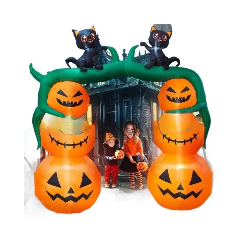 Halloween Inflatable Giant Pumpkin Stacked Arch with Black Cat Airmold LED Luminous Decorative Garden Ornament