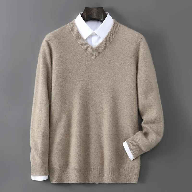 2025 Autumn Winter New Men's Wool Sweater Solid Color V-Neck Pullover Sweater Casual Loose Business Knit Plus Size Base Sweaters - Image 6
