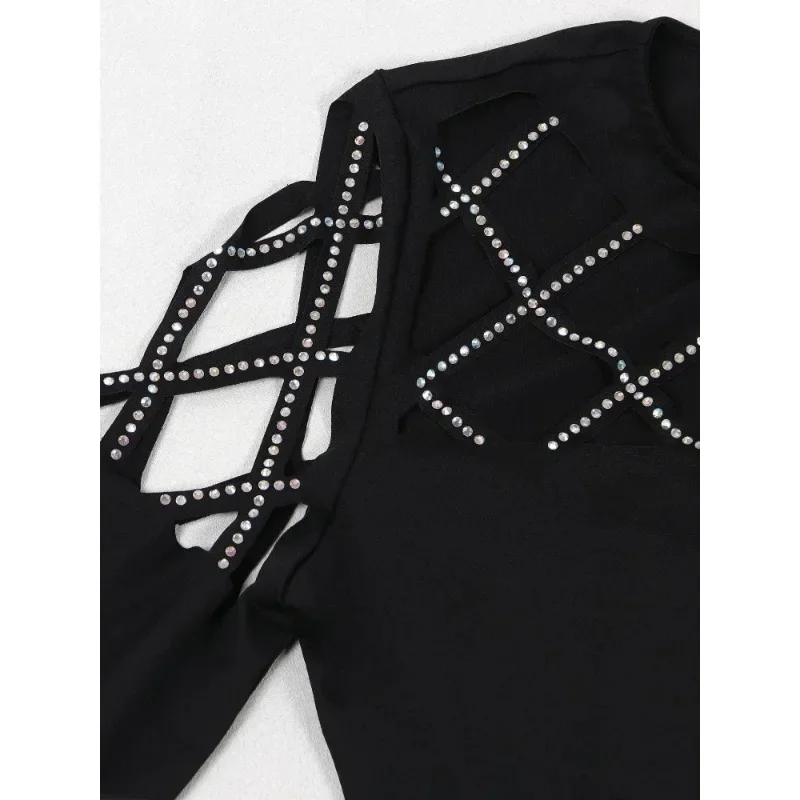 Customized 2025 Black Shiny Loose Dress Elegant Rhinestone Long Sleeved Loose Side Slit Maxi Dresses Sexy Hollowed Out Birthday