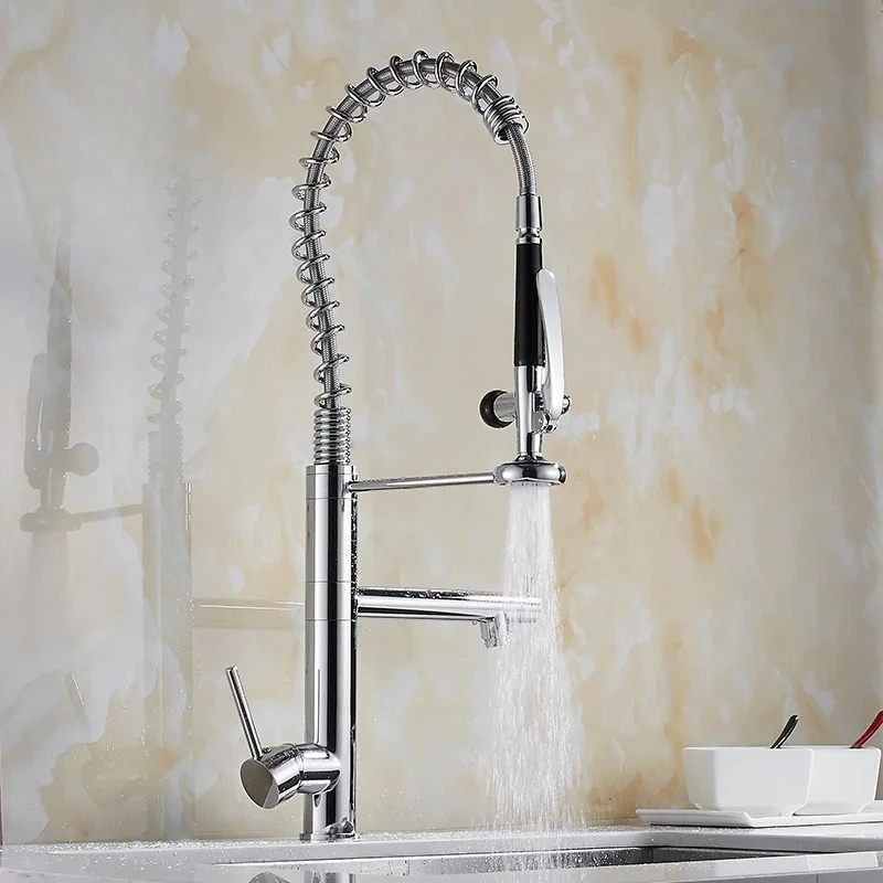 Faucet Chrome Brass Tall Kitchen Faucet Mixer Sink Faucet Pull Out Spray Single Handle