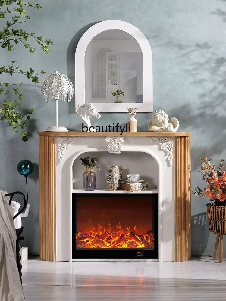 French Solid Wood Simulation Flame Fireplace Home Living Room Entrance Storage Stand Villa Heating Decoration Fireplace Cabinet