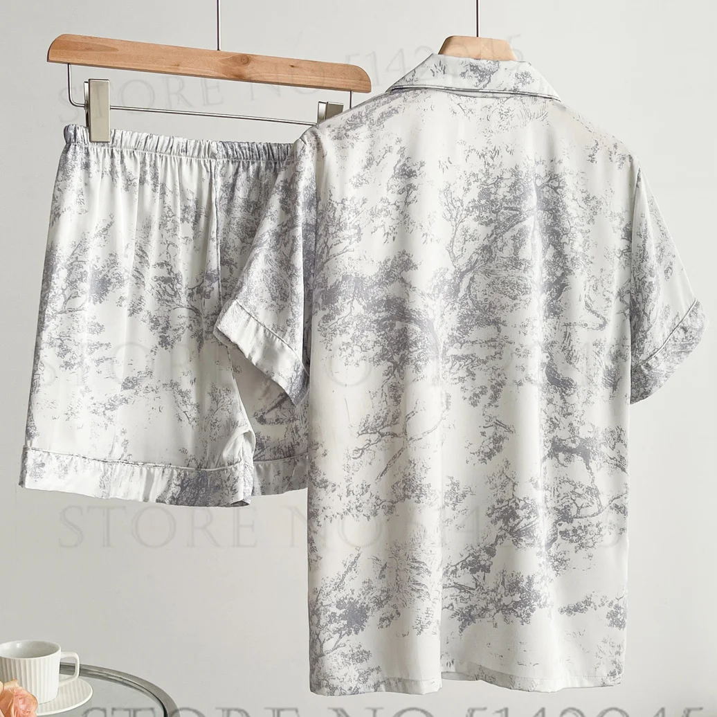 Gray Print 2PCS Pajamas Set Summer New Women Sleepwear Intimate Lingerie Loose Casual Silk Satin Home Clothes Pyjama Pour Femme