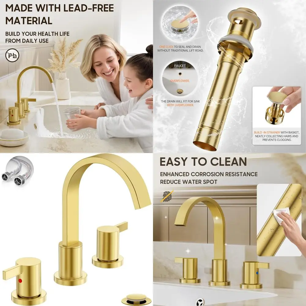 

8 3-Hole 2-Handle Brushed Gold Widespread Bathroom Sink Faucet with Metal Pop-Up Drain, WF040-1-BG