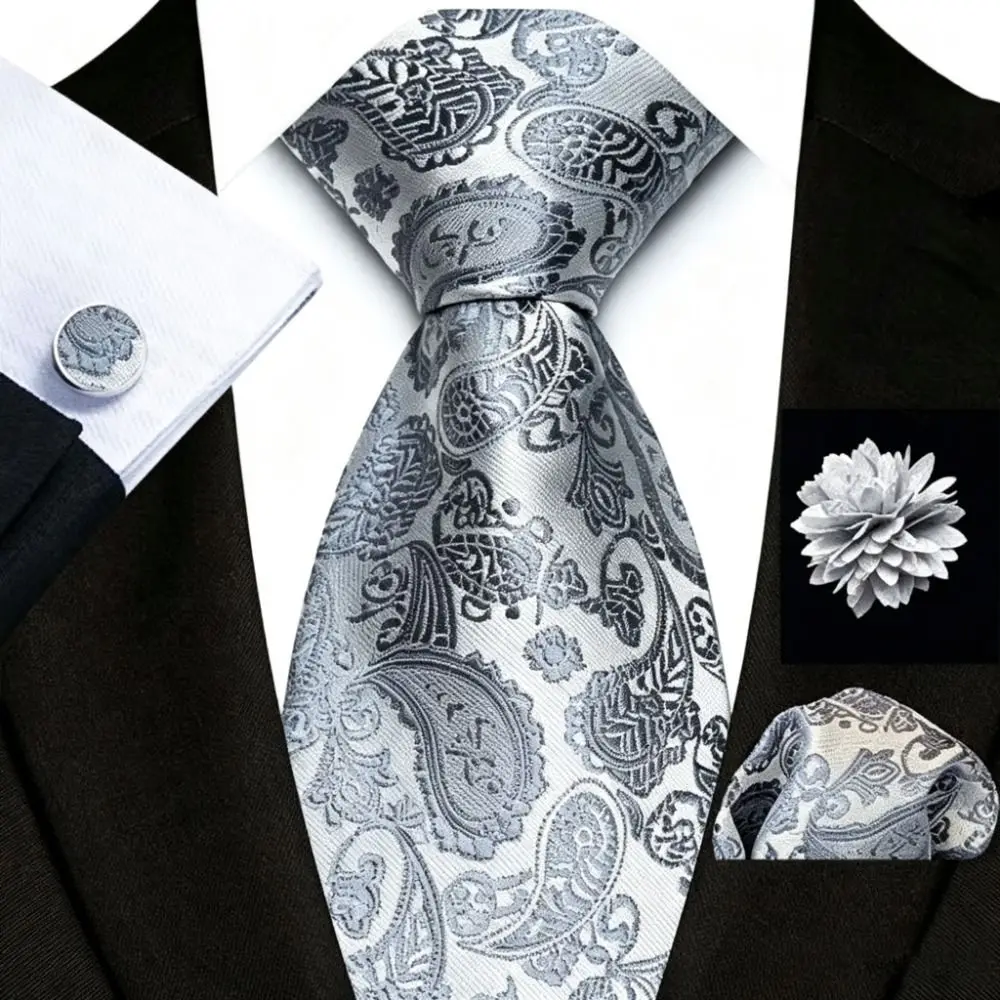 Male Gold Blue Men Tie Set Pink Color Solid Stripes Paisley Tie Jacquard Woven 8CM Width Necktie Set Banquet