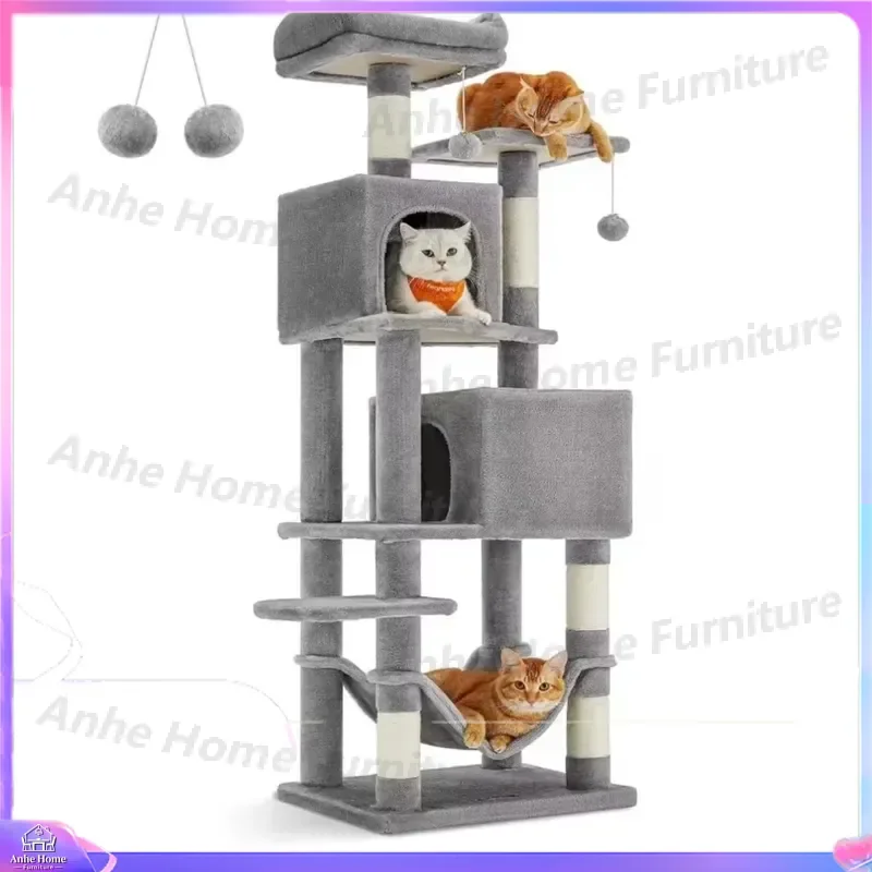 Tall Multi-Story Light Gray Cat Tree Tower with Double Cave Apartment Swing Hammock Multiple Platforms Sisal Scratching Post