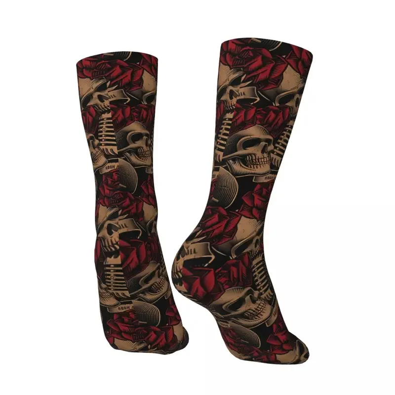 Y2K Skulls Roses Happy Men'S Socks Retro Rock And Roll Music Street Style Casual Crew Sock Gift Pattern Printed