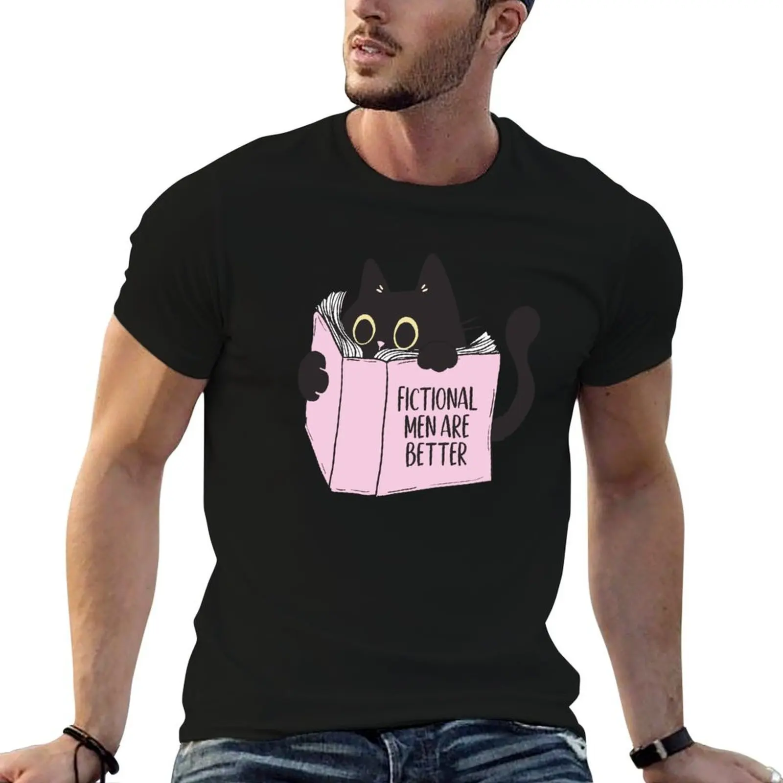 Fictional Men Are Better Black Cat Book Lovers Pink Bookish Cat and books T-Shirt shirts graphic tee man t shirt clothes for men