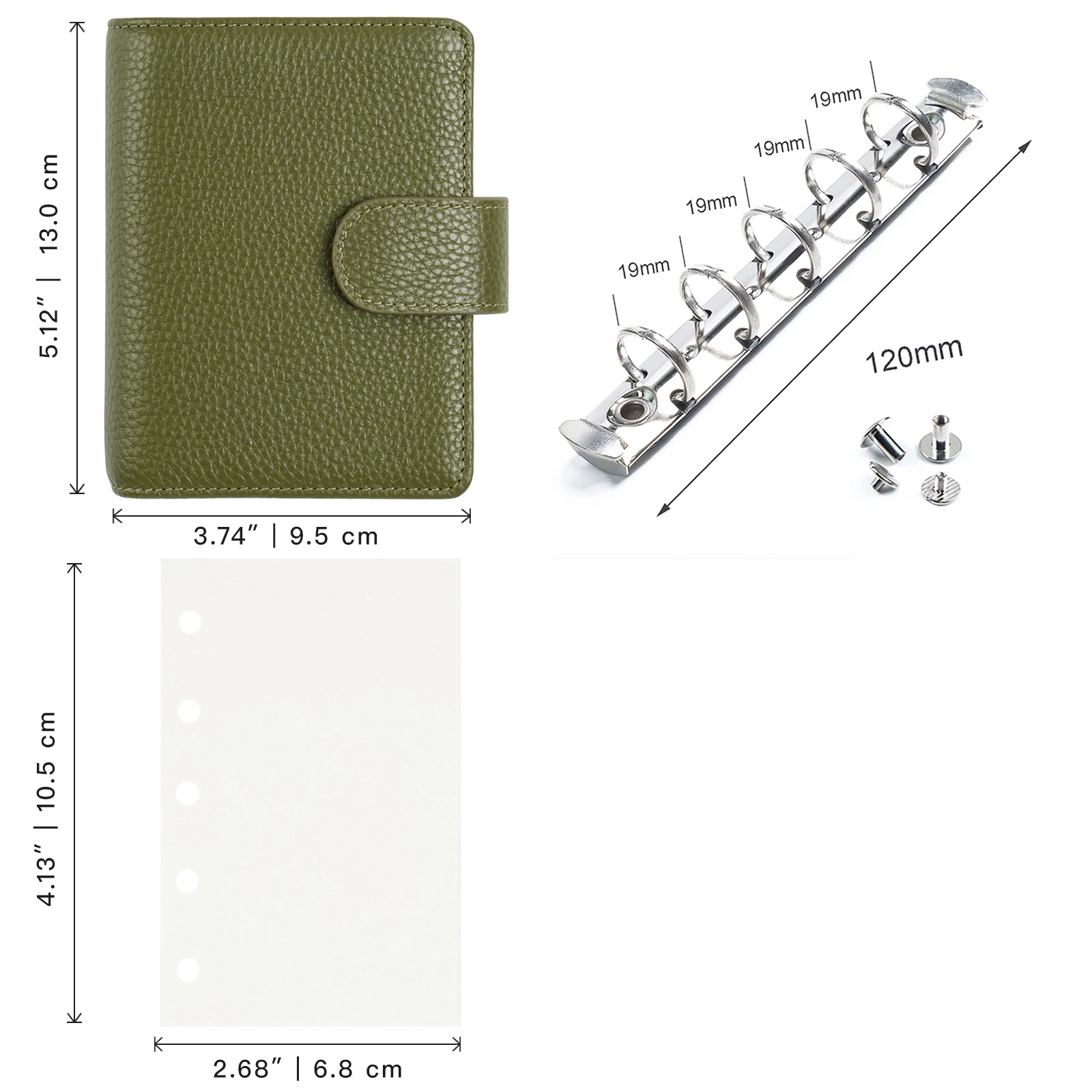 Moterm Regular A8 / M5 Size Rings Planner Pebbled Grain Cowhide 5-hole Mini Notebook with 15 MM Rings Organizer Journey Diary