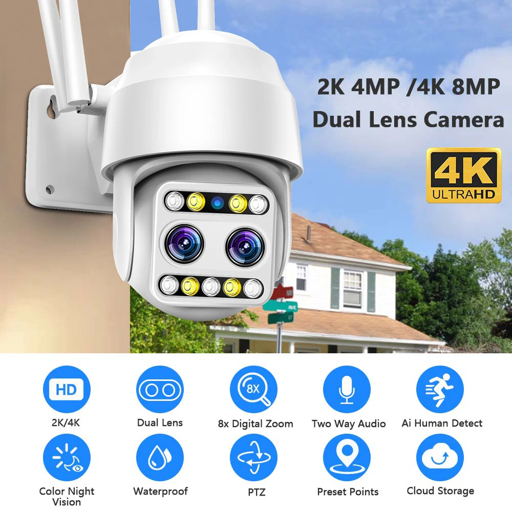 Câmera de segurança exterior impermeável com AI Human Detect Tracking, CCTV, WiFi, 5MP, IP, PTZ, WiFi, Zoom Digital 10X, Proteção de segurança máxima