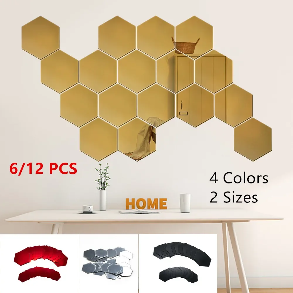 6/12PCS Hexagon Mirror Wall Stickers Acrylic Self Adhesive Mosaic Tile Decals for Room Decoration DIY Art Ornaments Gift