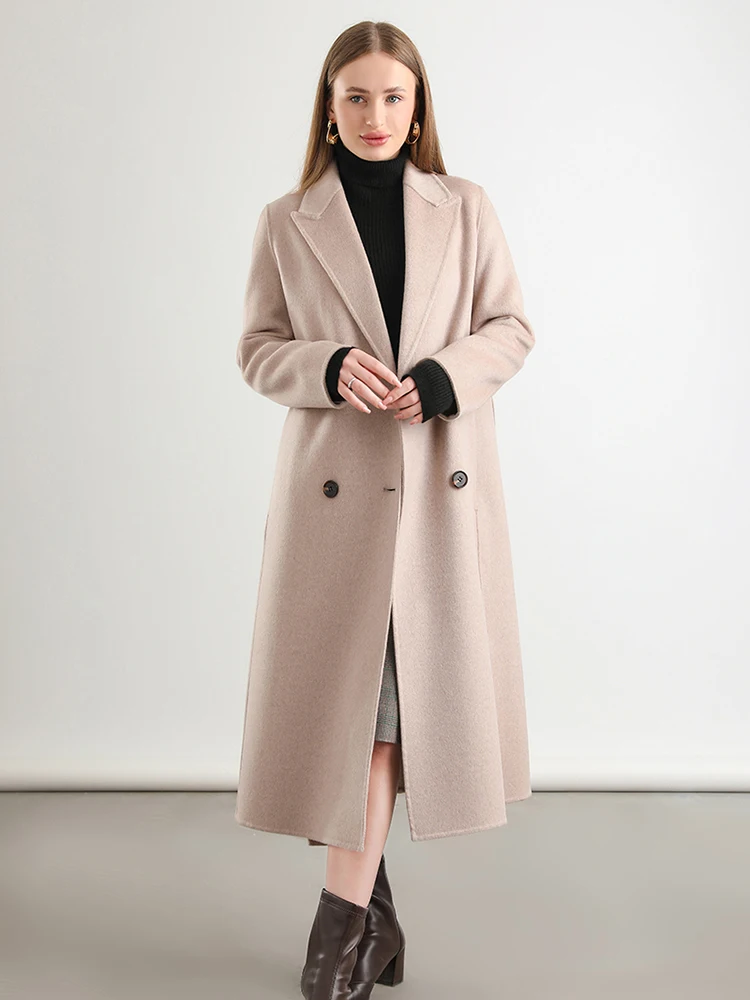 Merino Wool Long Coat for Women, Commuter Lapel, Double-Breasted Jacket, Versatile, Monochromatic, Autumn and Winter, 2024, New