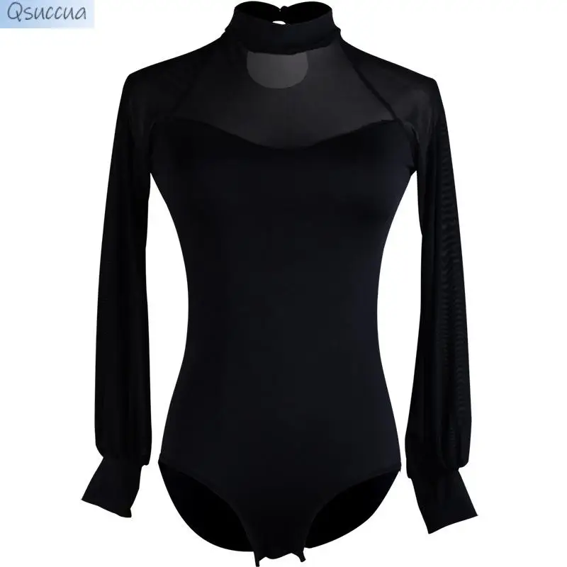 Modern Dance Gauze Princess Bubble Lantern Long-Sleeved Black Cha Cha Blouse New Latin Dance Adult Female Body Suit