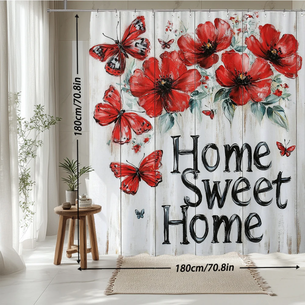 

Red flowers and butterflies Shower Curtain Printed Bathroom Curtains Modern Bathtub Curtain Polyester Fabric Home Decor Curtain