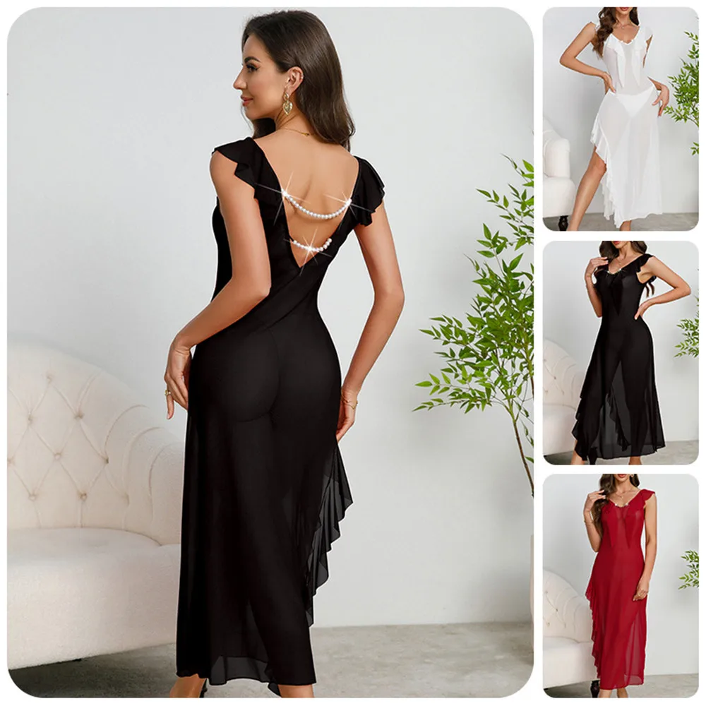 

Летняя одежда для сна с открытой спиной, сексуальная кружевная ночная рубашка с оборками, женская длинная ночная рубашка, домашнее платье