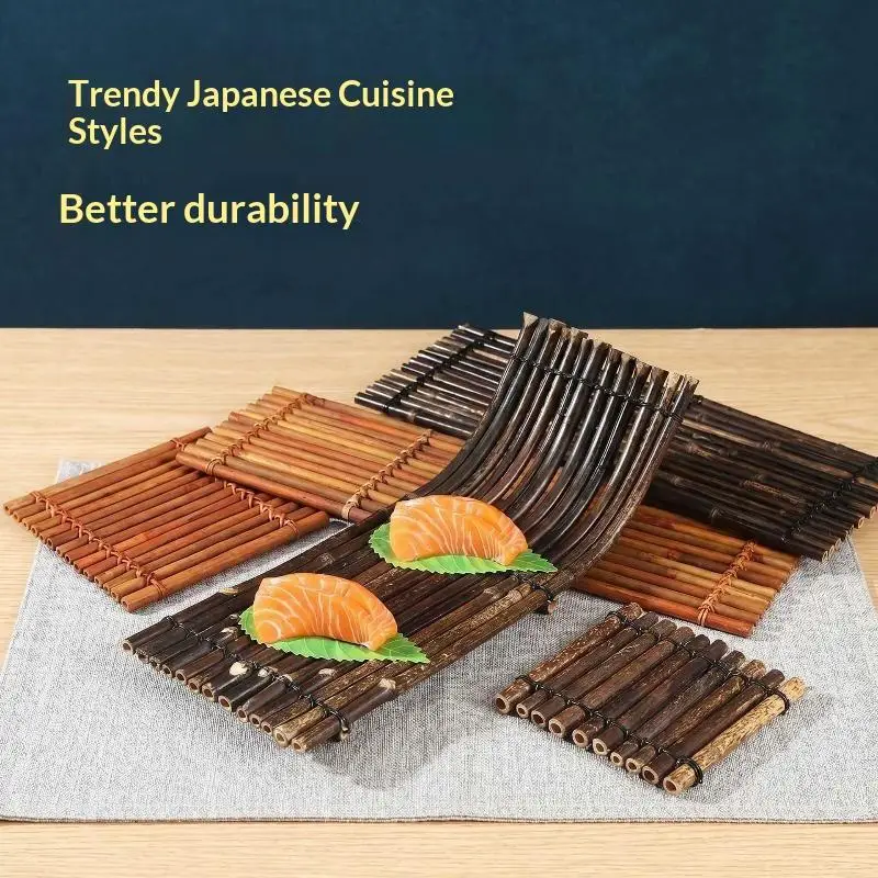 Vintage Bamboo Sushi Boat With Decor Grass Fence Exquisite Serving Tray Japanese Korean Seafood Sushi Table Accessory