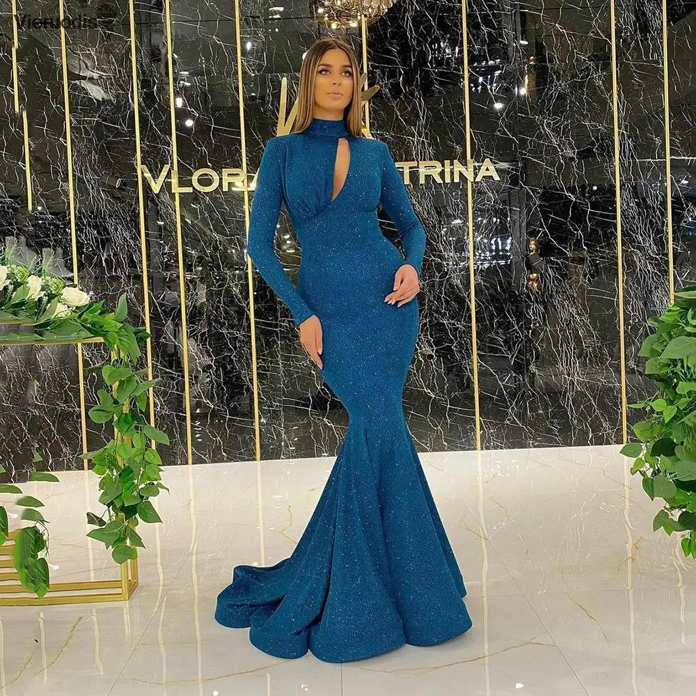 فستان حورية البحر باللون الأسود من الساتان للحفلات الراقصة بياقة عالية ورقبة دائرية وأكمام طويلة فستان حفلات إسلامية فيستدو دي نوش