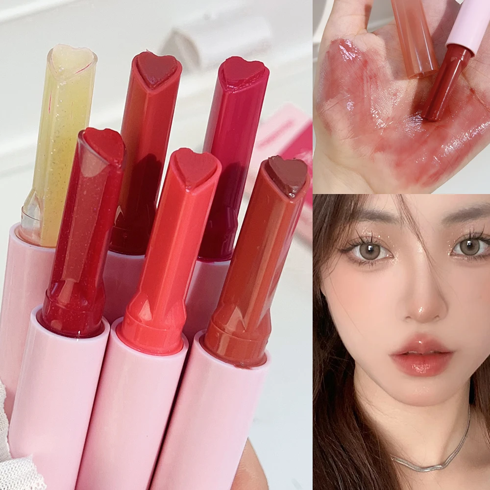 Brillo de labios sólido acuoso de larga duración, lápiz labial en forma de corazón ligero de agua, aceite transparente, esmalte de labios de gelatina, tinte coreano, maquillaje hidratante