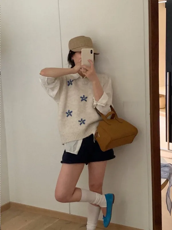 Hand-Knitted Short Vest Women's Spring Autumn New Style Layering Knitted Sweater Embroidered Flower Shoulder Top Fashionable ...